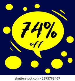 74% yellow discount hall with polka dots on blue background, percentage and promotion