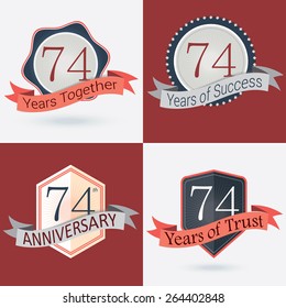 74th Anniversary / 374 years together / 74 years of Success / 74 years of trust - Set of Retro vector Stamps and Seal 
