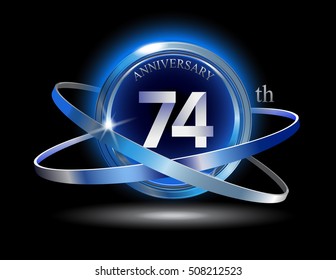74th anniversary with blue ring on black background