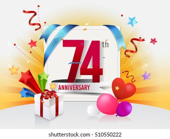 74th anniversary celebration with colorful confetti and balloon with shiny yellow background