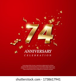 74th Anniversary celebration. Golden number 74 with sparkling confetti, stars, glitters and streamer ribbons on red background. Vector festive illustration. Birthday or wedding party event decoration