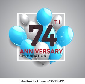 74th anniversary celebration logotype. anniversary logo with balloon in white rectangle.  Vector design for celebration, birthday, party, festival, invitation card, and greeting card