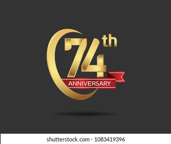 74th anniversary design logotype golden color with swoosh ring and red ribbon for celebration isolated on dark background