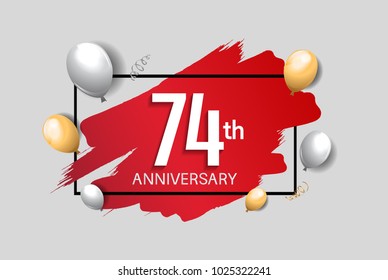 74th anniversary design with red brush, balloons, and square isolated on white background for celebration