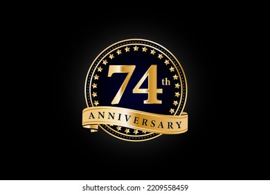 74th anniversary golden gold logo with gold ring and ribbon isolated on black background, vector design for celebration.