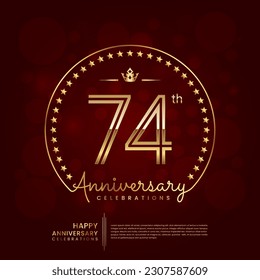 74th anniversary logo with double line number and golden text for birthday celebration event, invitation, banner poster, flyer, and greeting card, vector template