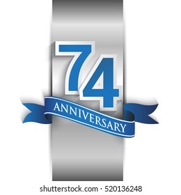 74th anniversary logo with silver label and blue ribbon, Vector design template elements for your birthday party.