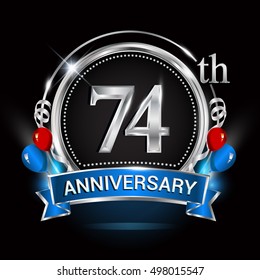 74th anniversary logo with silver ring,balloons and blue ribbon. Vector design template elements for your birthday celebration.