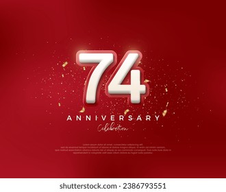 Número del 74 aniversario. con números blancos 3d en un fondo rojo. Vector premium para afiches, banner, saludo de celebración.