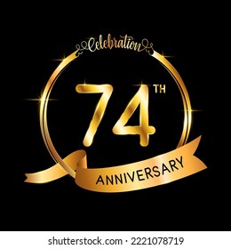 74° Aniversario. Diseño perfecto de plantilla para el evento de celebración del aniversario con cinta y anillo de color dorado, ilustración vectorial