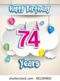 74th birthday Celebration Design, with clouds and balloons. Design greeting card and invitation for the celebration party of seventy four years anniversary