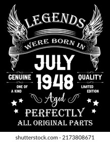 74th Birthday Vintage Legends Born In July 1948 74 Years Old