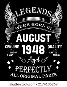 74th Birthday Vintage Legends Born In August 1948 74 Years Old
