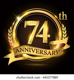 74th golden anniversary logo with ring and ribbon, laurel wreath vector design.