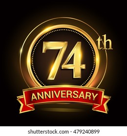 74th golden anniversary logo with ring and red ribbon. Vector design template elements for your birthday celebration.