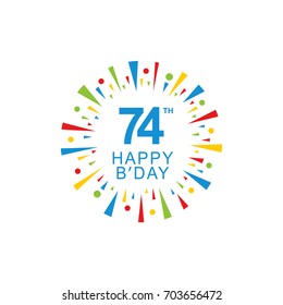 74th Happy Birthday logo, circle shape, colorful sunburst, red blue green yellow color