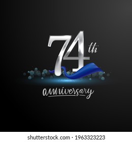 74th silver anniversary logo with blue ribbon isolated on elegant background, sparkle, vector design for greeting card and invitation card.