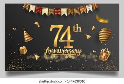 74th years anniversary design for greeting cards and invitation, with balloon, confetti and gift box, elegant design with gold and dark color, design template for birthday celebration.