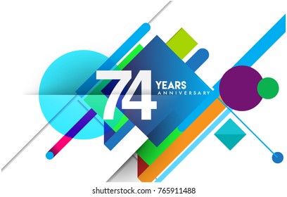 74th years anniversary logo, vector design birthday celebration with colorful geometric isolated on white background.