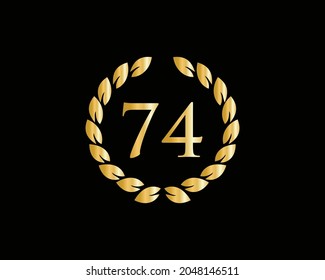 Plantilla de logotipo del anillo del 74º aniversario. Logo Del 74Aniversario Con Anillo De Oro Aislado En Fondo Negro, Para El Cumpleaños, Aniversario Y Celebración De La Compañía