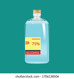75% Alkoholdesinfektionslösung in Kreisflaschen auf blauem Hintergrund.