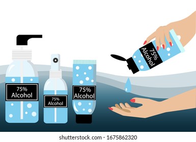 75% Alcohol and alcohol gel in tube, spray and pump bottle. Woman hands apply hand sanitizer washing her hands to protect COVID-19.Idea for corona virus (covid-19) outbreak, awareness and prevention. 