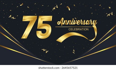 "75 Anniversary Celebration" design with golden numbers, elegant typography, swirling ribbons, and falling confetti on a dark background, perfect for formal events.