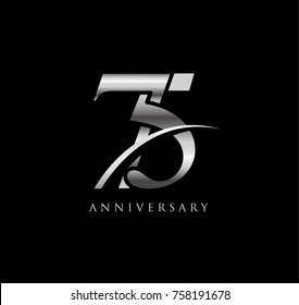 75 anniversary elegance silver chrome logo. linked number with swoosh on black background