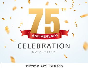 75 Anniversary gold numbers with golden confetti. Celebration 75th anniversary event party template.