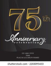 75 Anniversary Invitation and Greeting Card Design, Golden and Silver Coloured, Elegant Design, Isolated on Black Background. Vector illustration.