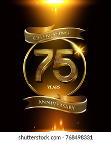 75 anniversary logo with golden ring and ribbon colored isolated on black background, vector design for party greeting card and invitation card. celebration logotype template