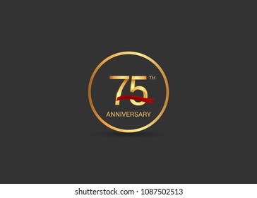 75 anniversary vector design golden color with ring and red ribbon isolated on black background
