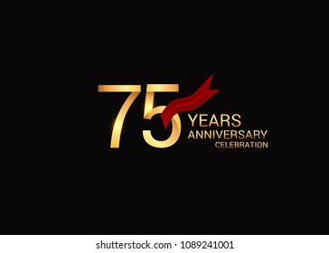 75 anniversary vector design golden colored with red ribbon isolated on black background