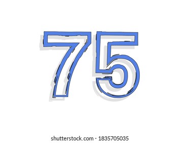75 blue number, hand drawn brush stroke. Comic style design. For design element, logo, creative poster etc. Vector illustration 