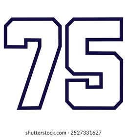 75 Clássico Vintage Sport Jersey Números uniformes em preto com um número de linha de contorno externo preto em fundo branco para futebol americano, beisebol e basquete ou futebol para camisa