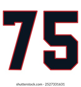 75 Clássico Vintage Sport Jersey Números uniformes em preto com um número de linha de contorno externo preto em fundo branco para futebol americano, beisebol e basquete ou futebol para camisa