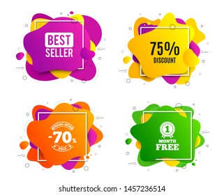 75% Discount. Liquid shape, various colors. Sale offer price sign. Special offer symbol. Geometric vector banner, square frames. Discount text. Gradient shape badge. Vector