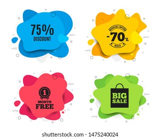 75% Discount. Liquid shape, various colors. Sale offer price sign. Special offer symbol. Geometric vector banner. Discount text. Gradient shape badge. Vector