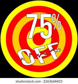 75% de descuento, objetivo en rojo y amarillo sobre fondo negro.
