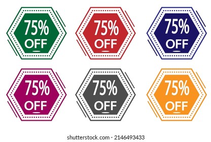 75% discount on colored label. special offer icon for stores green, red, blue, pink, gray and orange.