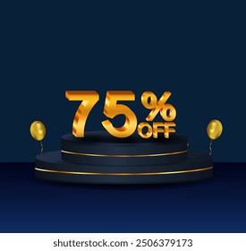 75% discount. Discount on creative composition. 3D sale symbol with decorative objects, golden confetti, podium. 75 percent. Sale banner and poster. Vector illustration.
