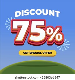 75% Discount Promotional Banner with 3D Text, Fireworks, Blue Gradient Background, and a Special Offer Button on a Green Hill with Eye catching Sale Advertisement Design