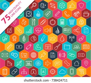 75 High Quality Line Icons From Categories Including: Food, Health Care, Fitness, Business, Finance, Technology, And Communication