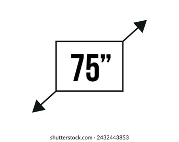 75 inches. Vector screen measurement and resolution in inches. Size in inch isolated on white background