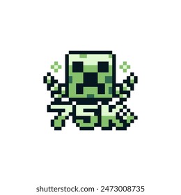75 k, video game achievement pixel art icon, goblet emblem, subscribers, likes, design for logo, web, mobile app. Game tournament.  8-bit. Game assets. Isolated abstract vector illustration.