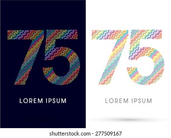 75 ,Number, font, designed using colorful zigzag line, graphic, vector.