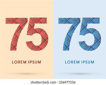 75 ,Number ,Luxury font, designed using red and blue line square geometric shape, hot and cool tone, logo, symbol, icon, graphic, vector.