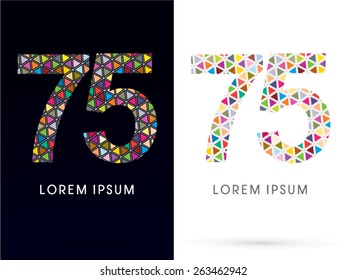 75 ,Number,Colorful font, concept mosaic pattern, designed using colors triangle geometric shape. on dark and white background, sign ,logo, symbol, icon, graphic, vector.