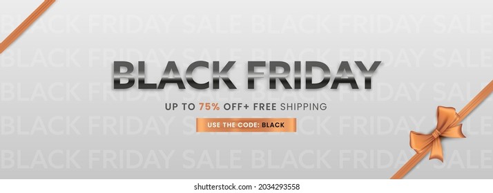 UP TO 75% Off For Black Friday Banner Or Header Design Closed With Golden Bow Ribbon.