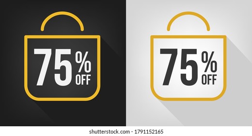 75% off. Black, white and yellow banner with seventy-five percent discount. Shopping bag concept vector.